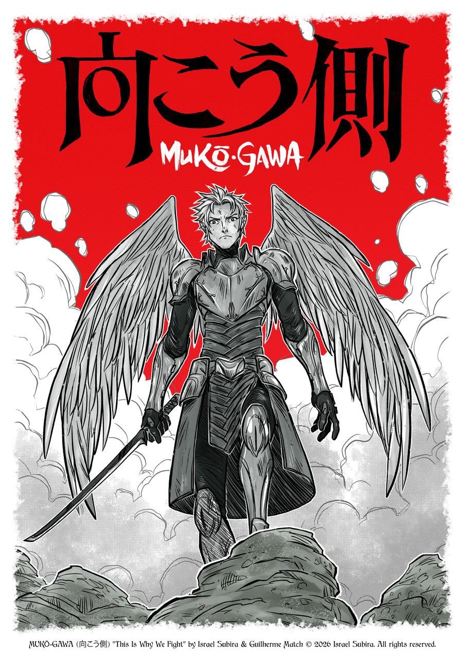 Capa do yomikiri de Mukō-Gawa: um guerreiro alado de armadura, empunhando uma lâmina, sobre fundo vermelho